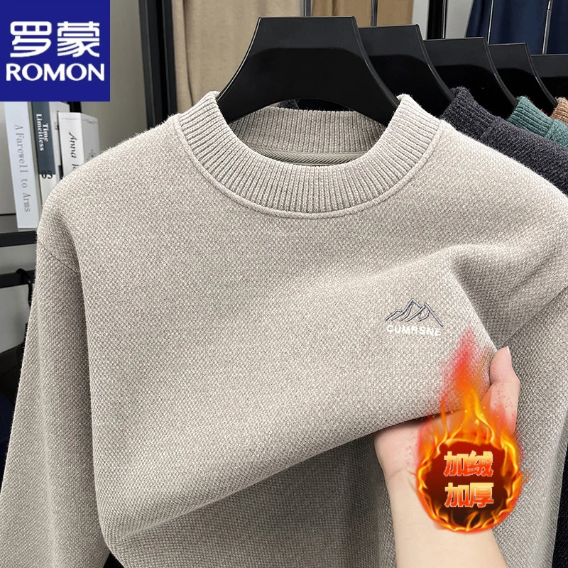 罗蒙男士2025冬季新款雪貂加绒毛衣针织衫冬季圆领半高领厚款线衣