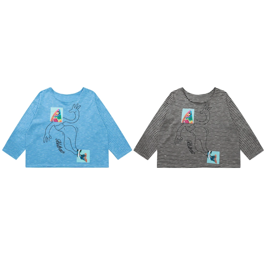 美式条纹宽松搞怪T桖衫 嘻哈男女款