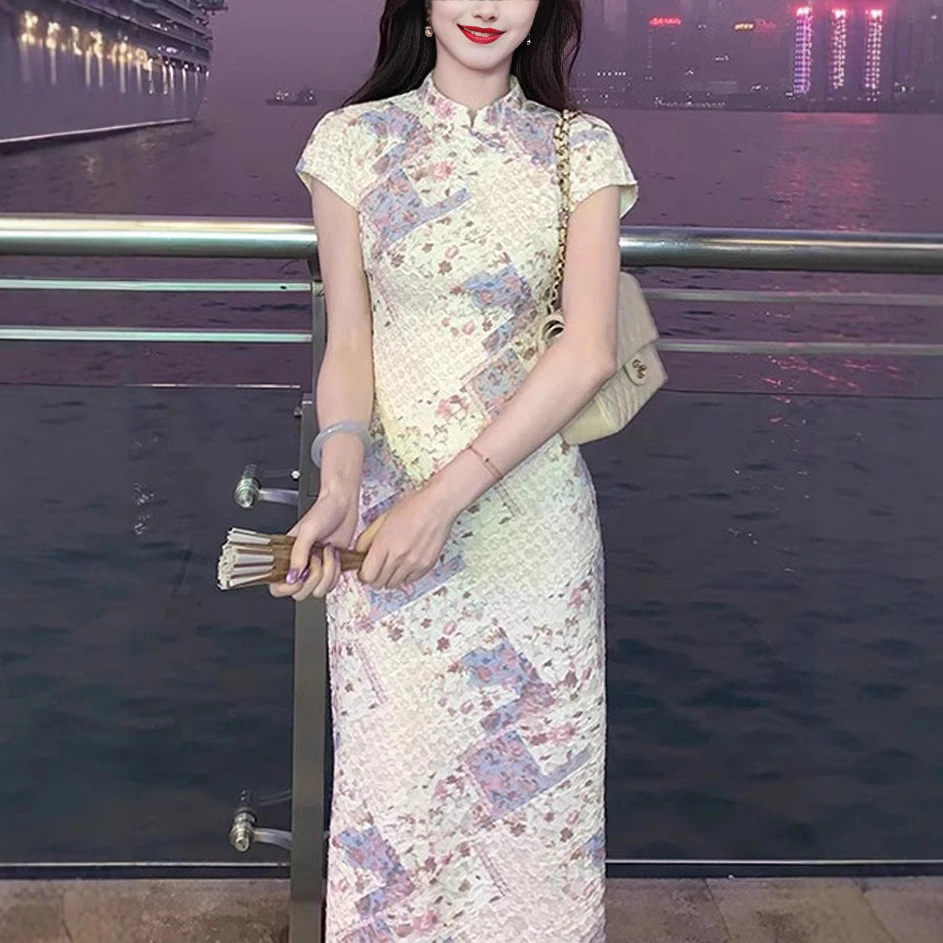 A语蝶'新中式复古气质碎花改良旗袍女2025新款夏日绝美拼接连衣裙