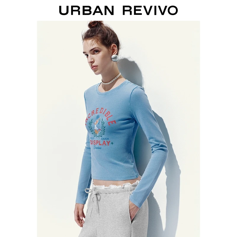 UR2026春季新款女装休闲复古美式印花修身短款长袖T恤UYL450244