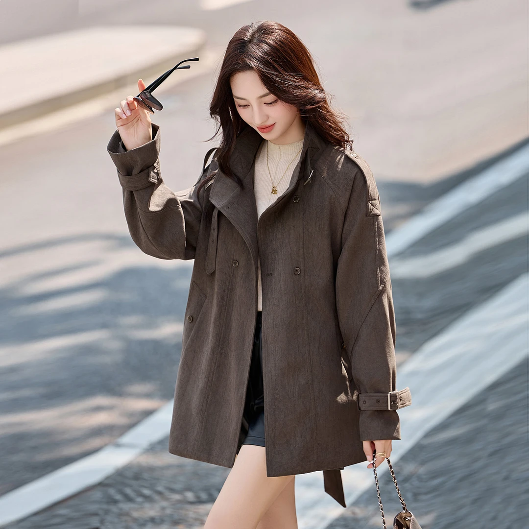 新款2025秋冬新款宽松复古感休闲大衣双排扣时尚风衣外套女L2592