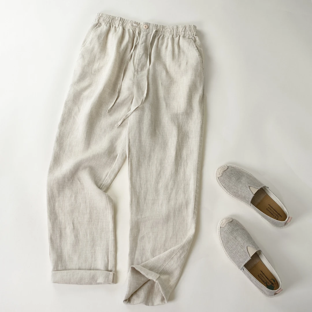 2025新款夏季亚麻薄款休闲长裤抽绳系带宽松透气时尚纯色男装裤子