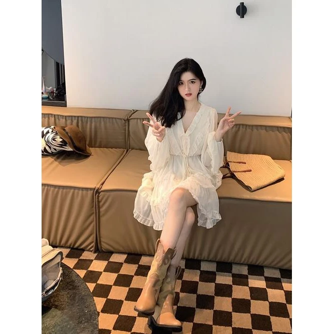 春季新款大码优雅气质高级感女神范杏色初恋连衣裙女单色四季通用