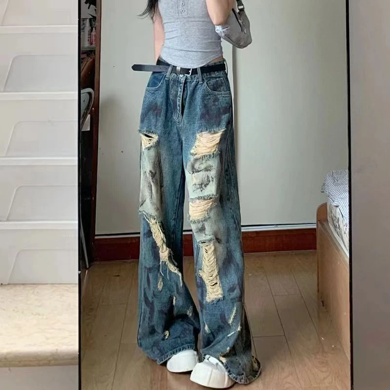 300斤特大码复古破洞牛仔裤女夏季新款高街水洗遮肉显瘦阔腿长裤