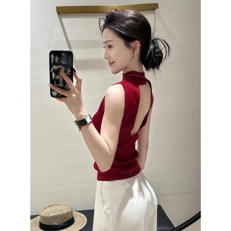 2025初夏女夏季外穿修身无袖上衣多巴胺穿搭红色露背针织吊带背心