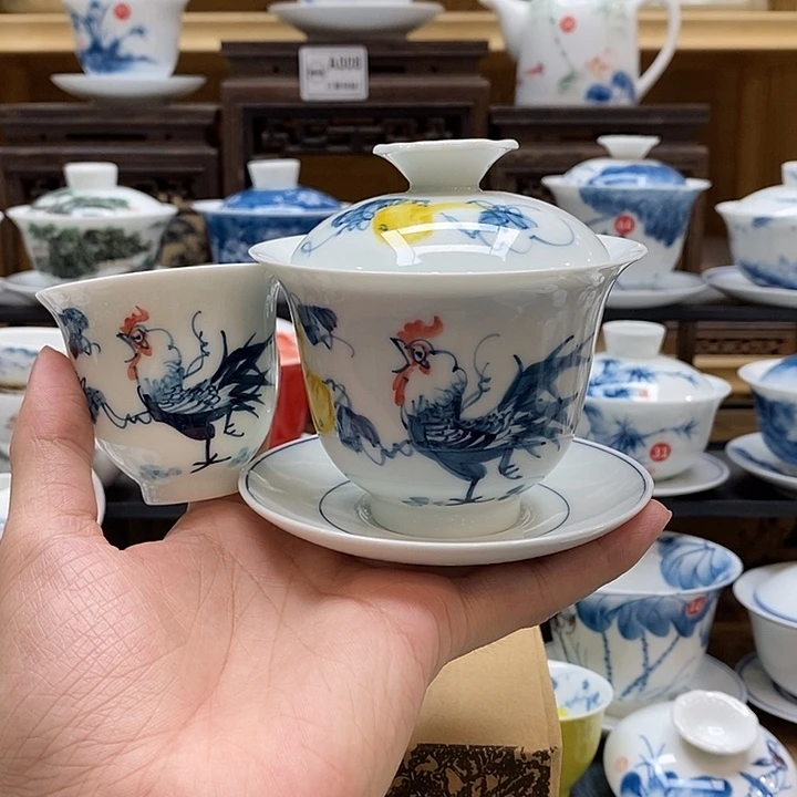 手绘公鸡盖碗160cc➕同款主人杯釉下彩微瑕福利款