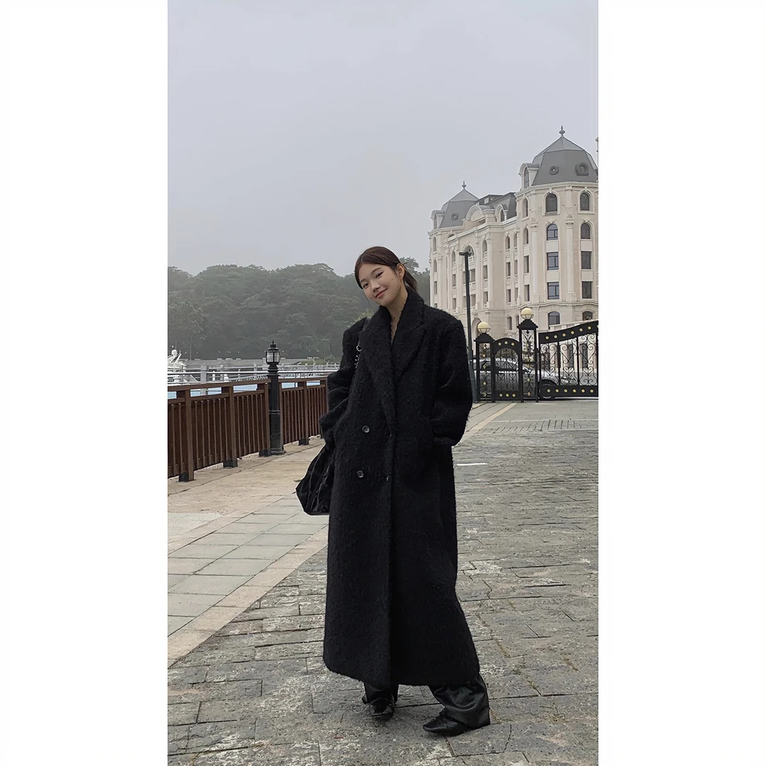 【萍萍清仓】秋冬赫本英伦风宽松长款过膝复古毛呢外套234V1889#