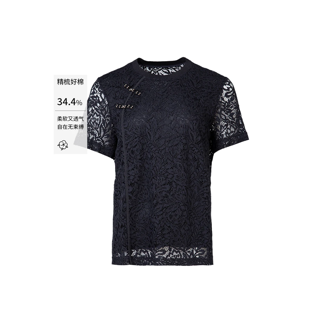 MUUMUN慕马夏季透气蕾丝半袖蕾丝衫上衣短袖蕾丝百搭时尚气质