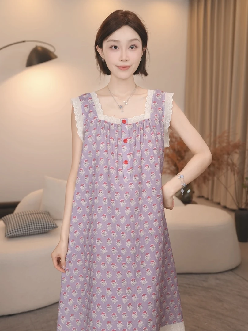 板栗小姐【紫花絮语x】新款女士夏季高定纯棉睡衣家居服睡裙