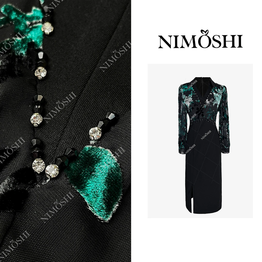 NIMOSHI【倩倩】早秋新款高级轻奢印花设计气质显瘦鱼尾连衣裙Q2339