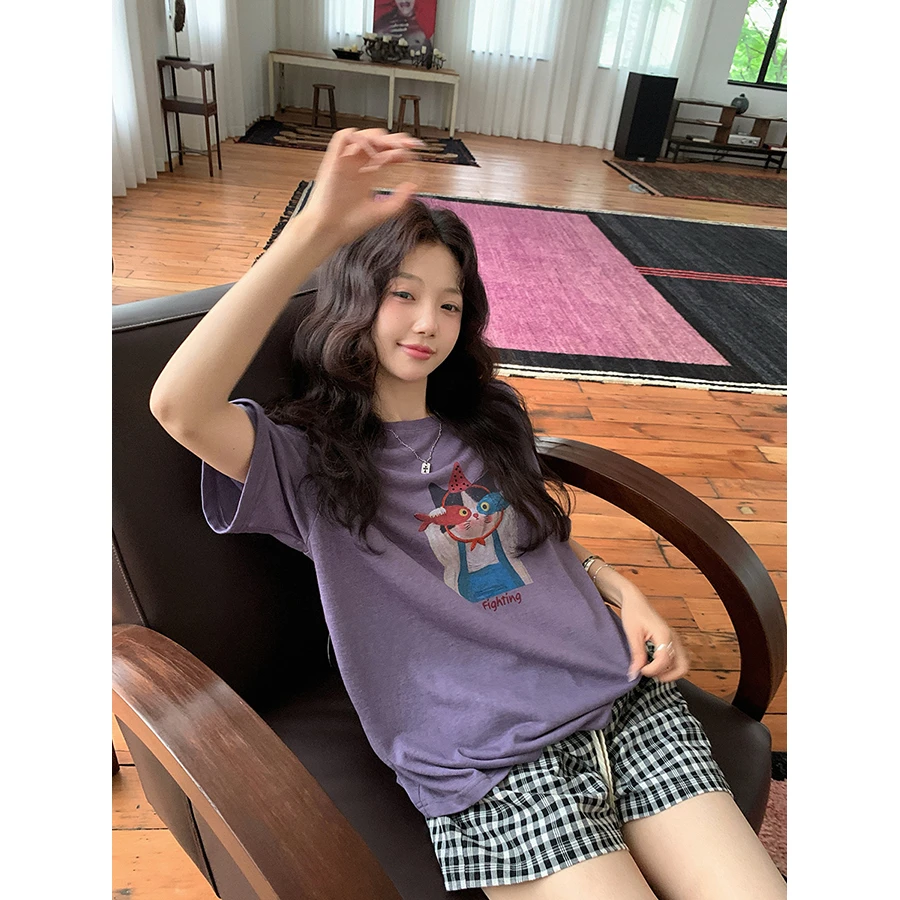 张贝贝 丹麦童话 桑蚕丝+亚麻 复古油画感卡通印花t