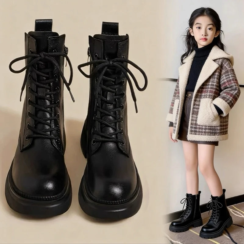 女童靴子2025秋冬新款加绒短靴儿童洋气英伦马丁靴中大童女孩皮靴