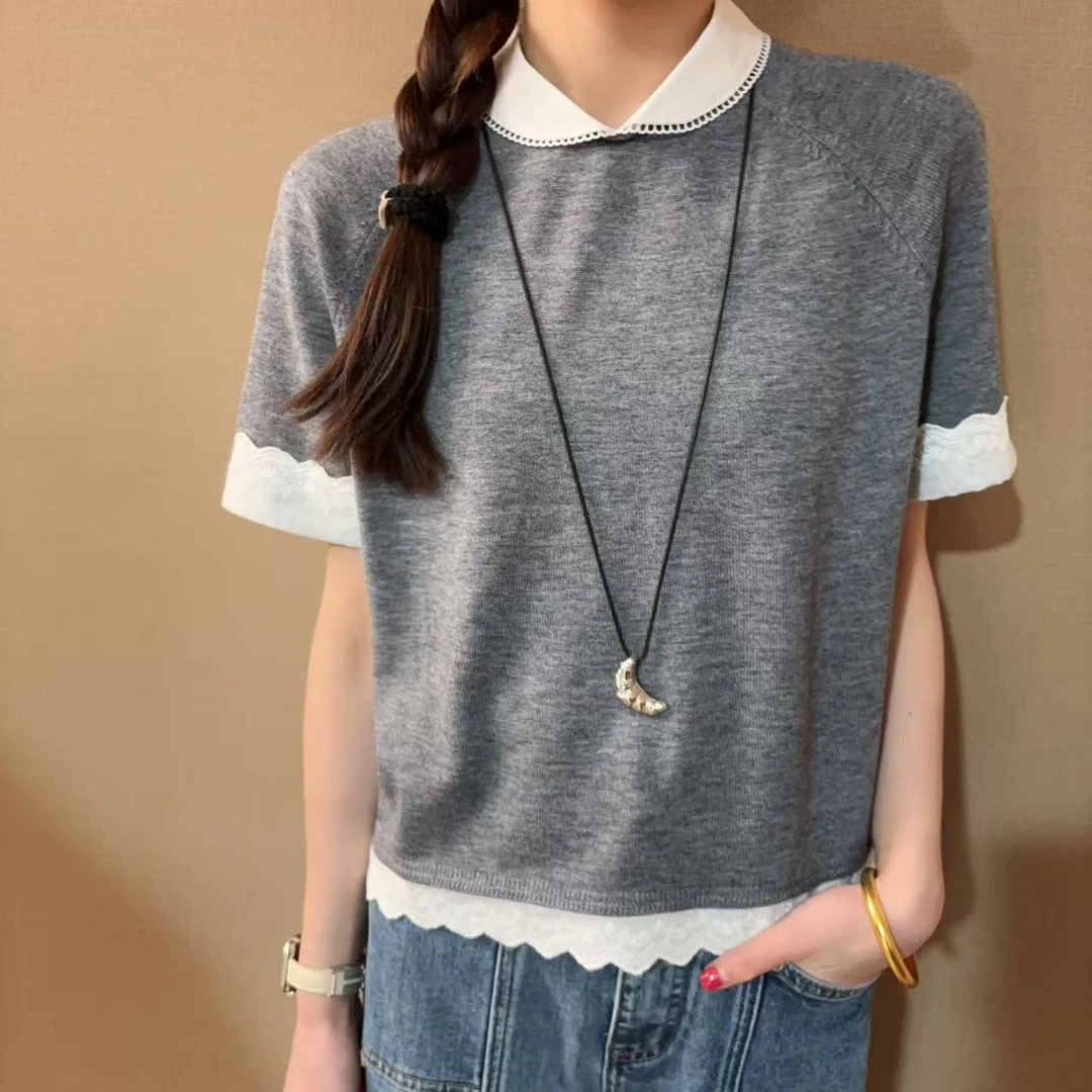 娃娃领学院风针织羊毛衫