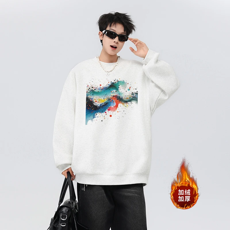 2025新款秋冬国潮潮流美式油墨画印花百搭男卫衣圆领长袖休闲上衣