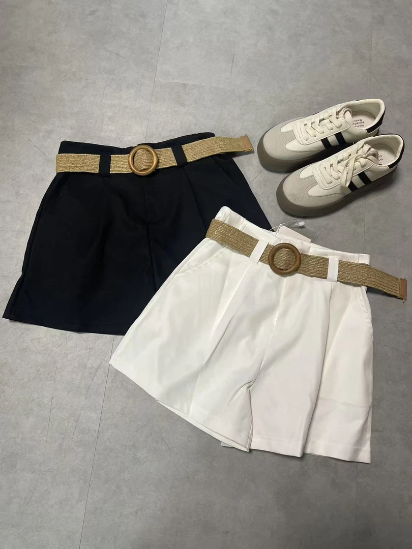 W3643 王仙女 夏季新款女装百搭纯色配腰带短款休闲裤短裤