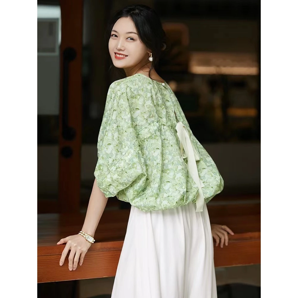 精品女装2025新款女装夏雪纺上衣2025气质蝙蝠袖+后蝴蝶结衬衫