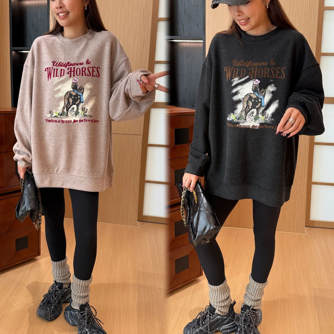 二姐的宝藏美式复古别致酷潮无帽圆领人物印花字母加绒卫衣#25393