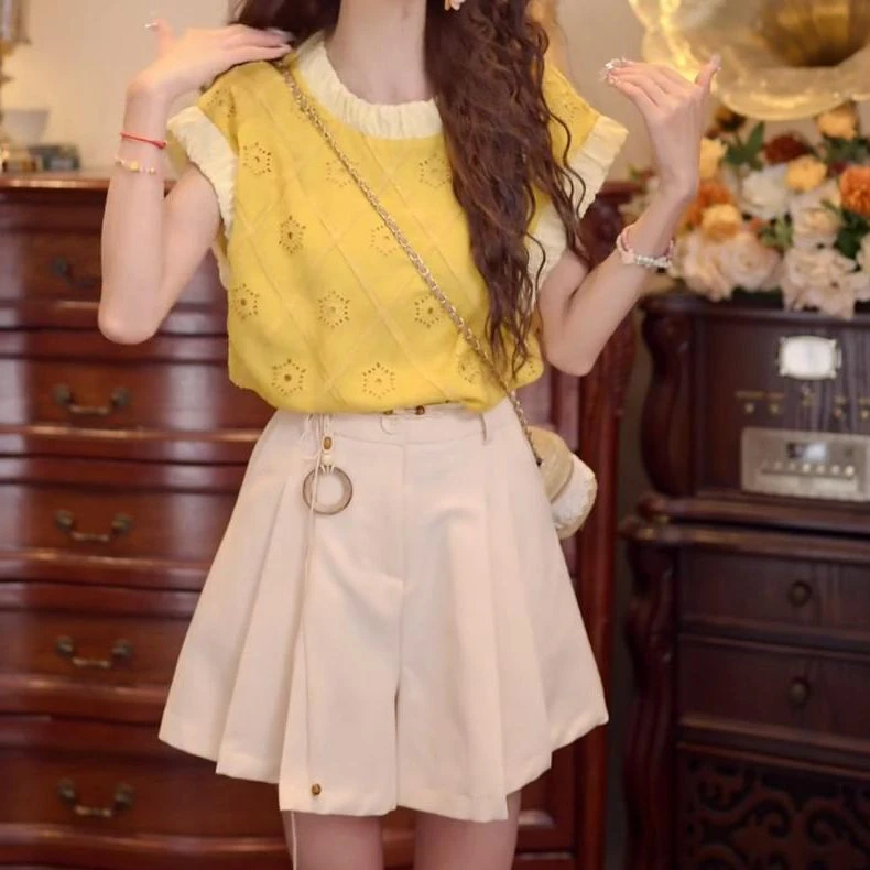 减龄套装女2025夏季新款圆领洋气格纹无袖衬衫高腰休闲短裤两件套