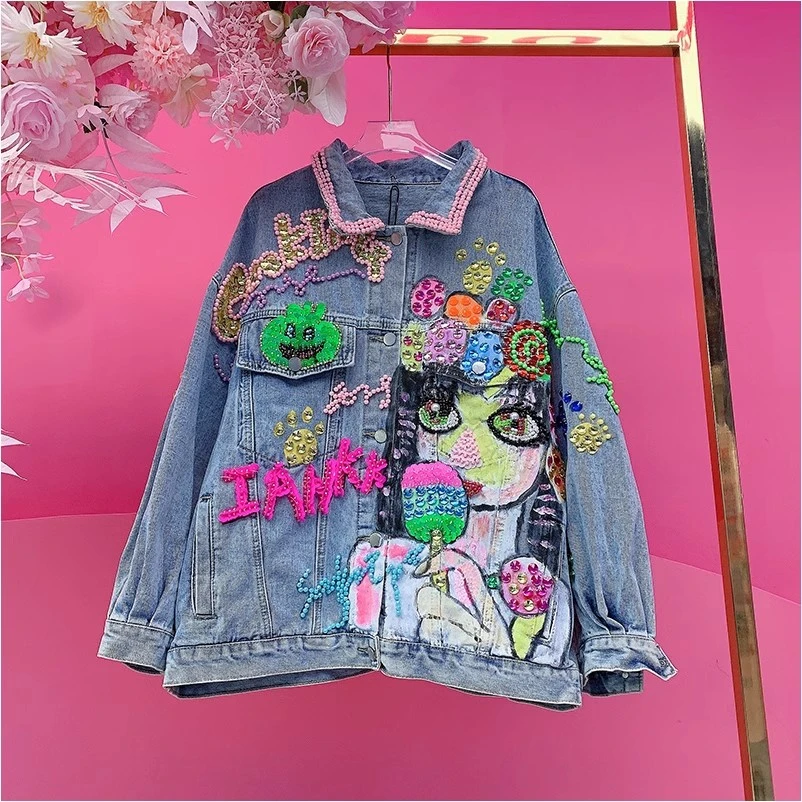 QD1292欧美设计师2025春夏新款重工钉珠刺绣字母卡通涂鸦牛仔外套