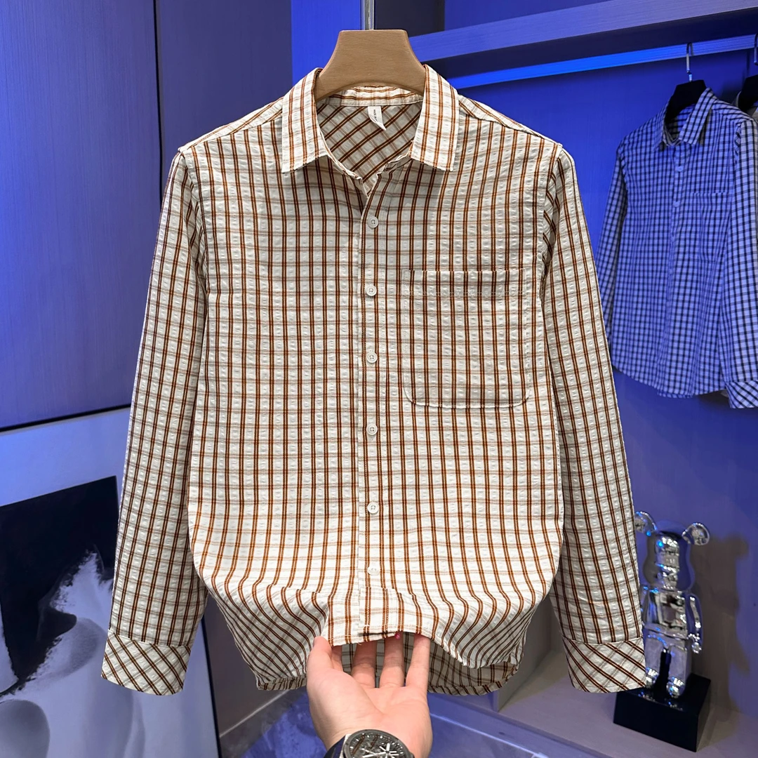 轻奢潮流日系复古格子衬衫时尚男装春秋长袖上衣宽松松弛格纹衬衣
