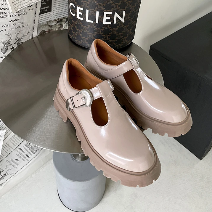 105/5cm开边珠羊皮松糕底丁字式扣带圆头夏季学院风厚底乐福鞋