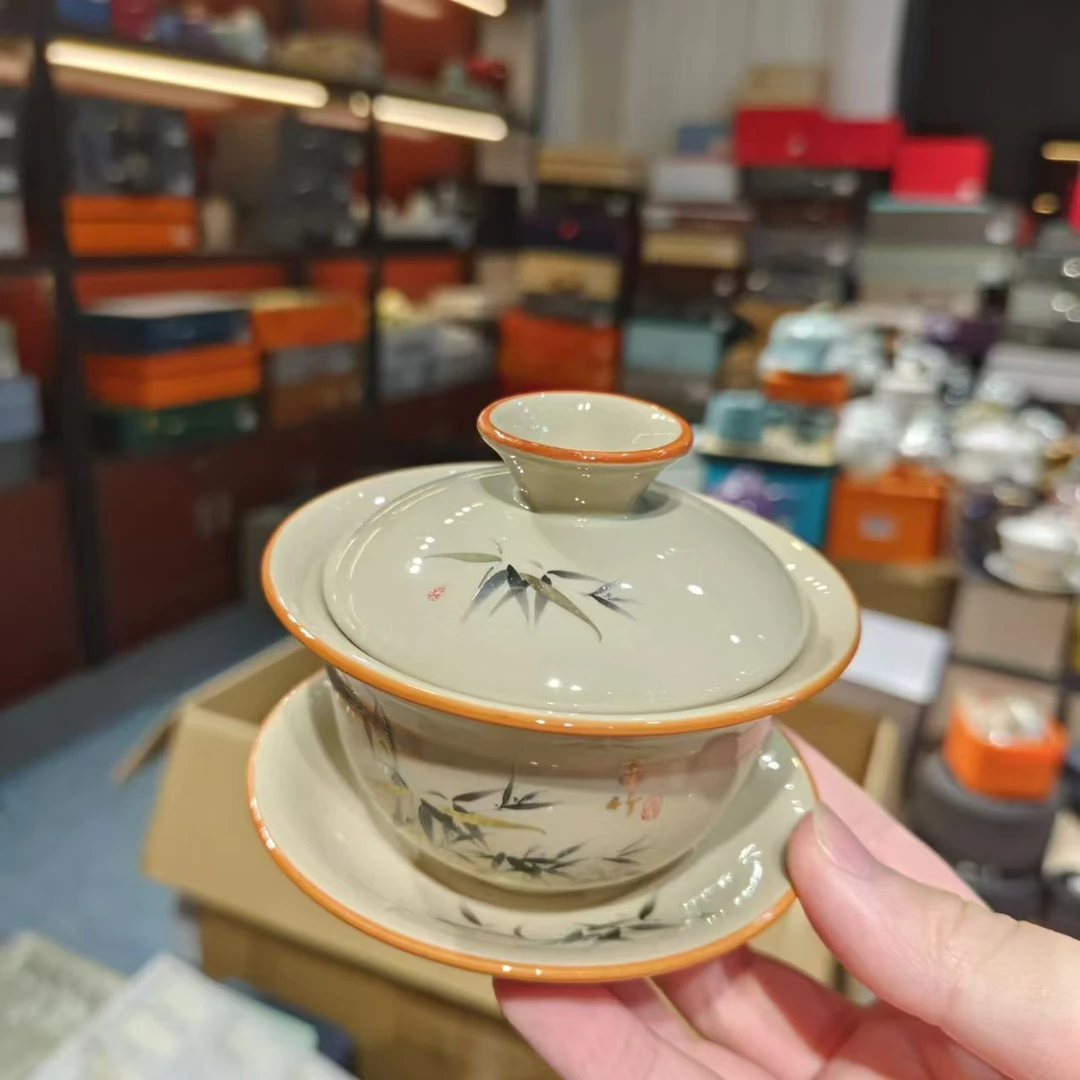 心名茶器 复古陶瓷草木灰墨竹悬停盖碗家用泡茶三才盖碗-4351