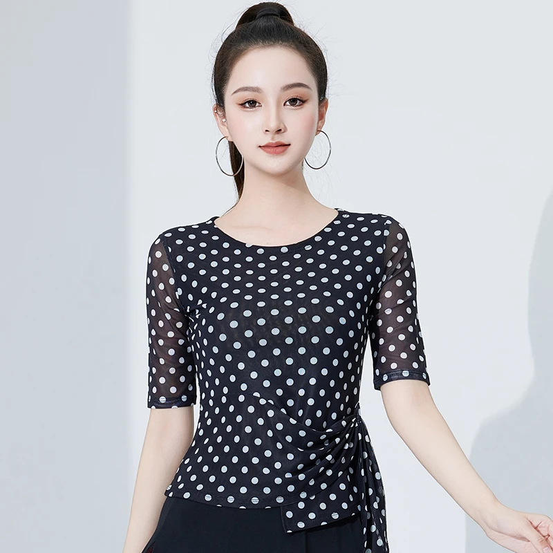 吉特巴跳交谊舞服装网纱上衣中长袖拉丁舞练功服摩登舞形体训练服
