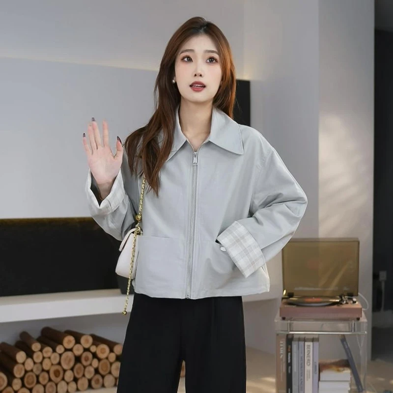 韩系简约圆领休闲夹克外套女春季2025新款短款气质百搭上衣小众