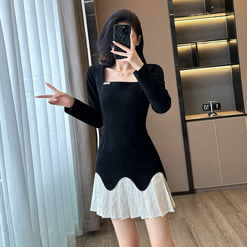 2025春秋装新款长袖连衣裙女时尚收腰拼色短款高级感轻奢女装裙子