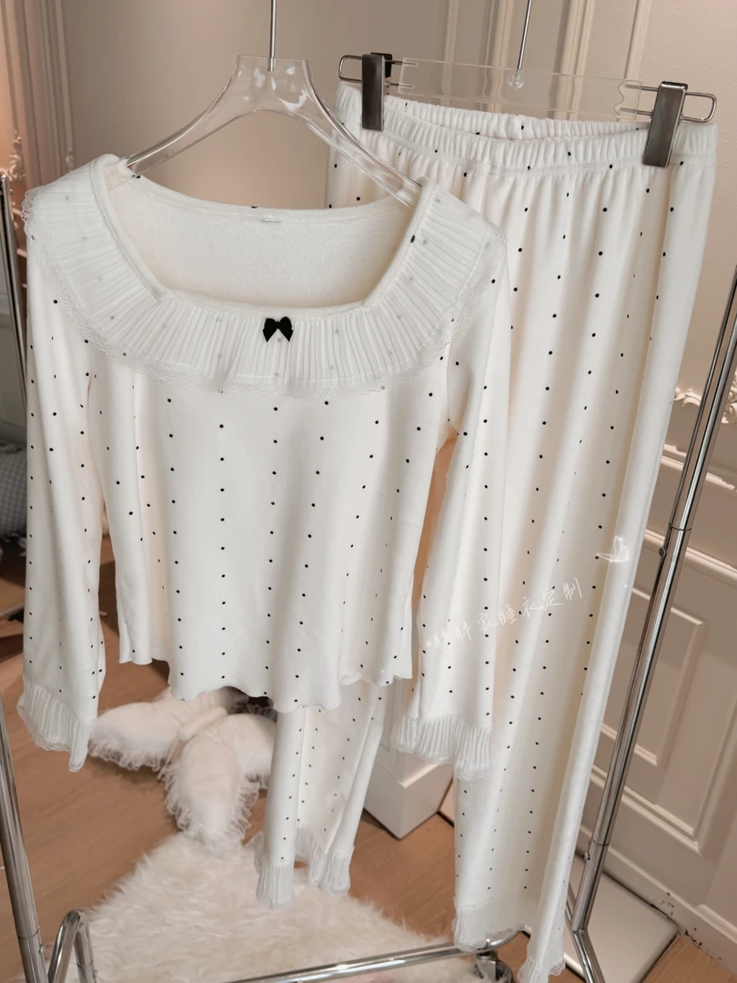 【顶流公主】睡衣女秋薄绒海岛绒保暖弹力长袖长裤可外穿甜套装