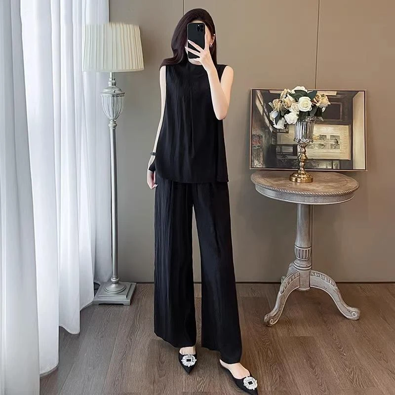 VONSRMAN欧洲站运动休闲时尚套装女25夏新款感轻奢黑色阔腿裤两件