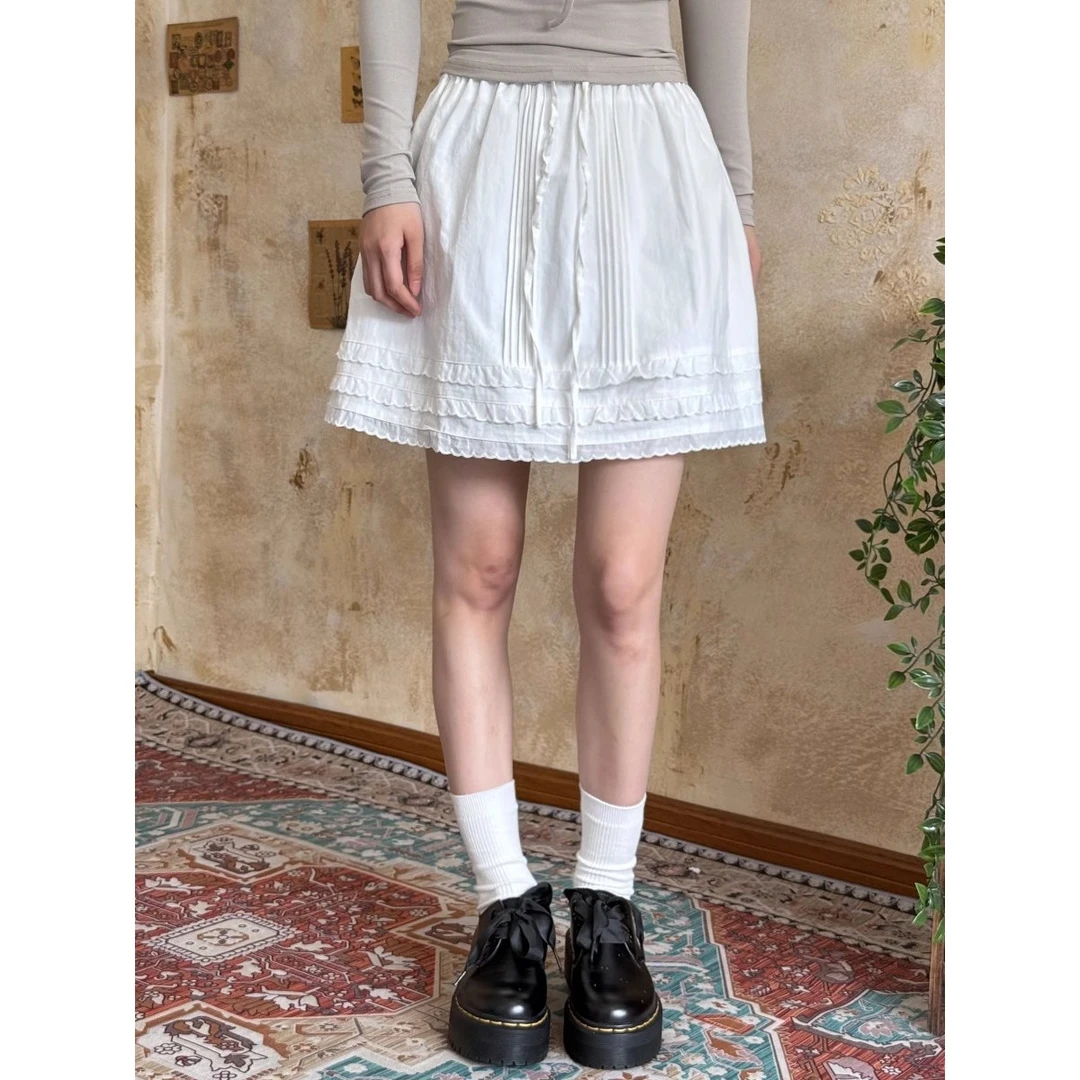 VintageTang花边白色半身裙减龄A字压褶蕾丝短裙骁呐F0313