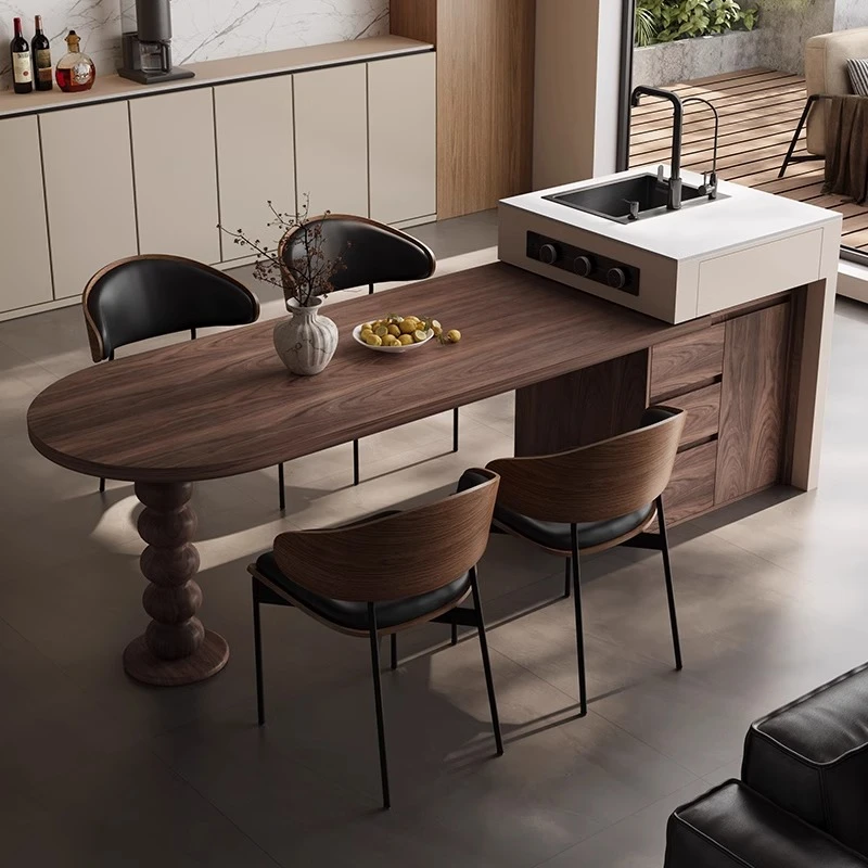 易可岛台餐桌一体2025新款胡桃木餐桌可伸缩多功能法式家用小户型