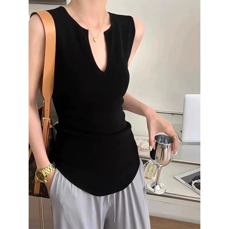 无袖冰丝背心美式坎肩女款2025新款外穿夏季v领针织衫不规则上衣