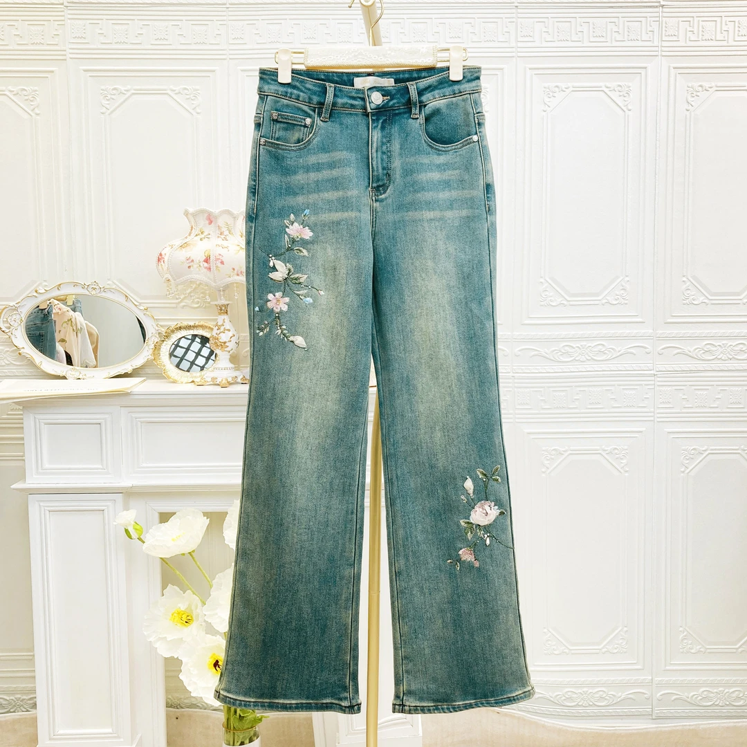 粉红家ANW2008复古绿直筒牛仔裤加绒加厚保暖舒适