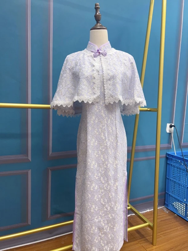 W-2653 柒野 紫钩花蕾丝 两件套 夏款年轻款改良旗袍120cm长款