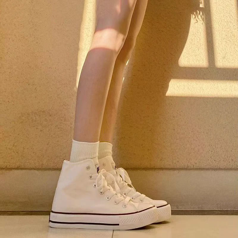 拉萨发货西藏包邮春季高帮帆布鞋女生白色学生韩版休闲鞋板鞋