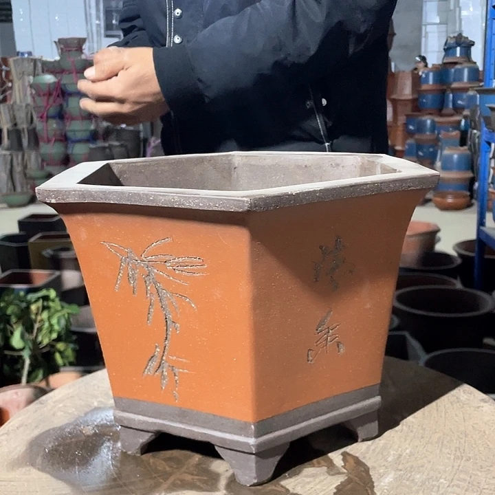 紫砂32红色六方花盆