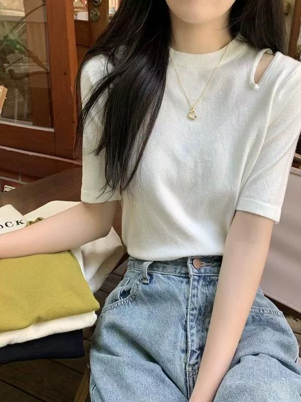 1119 短袖t恤女装夏季2025新款独特别致镂空露肩修身半袖上衣