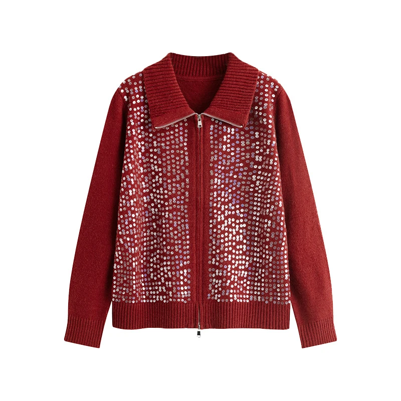 【椰子CocoNut】翻领绣珠片针织开衫胖mm休闲外套22762青