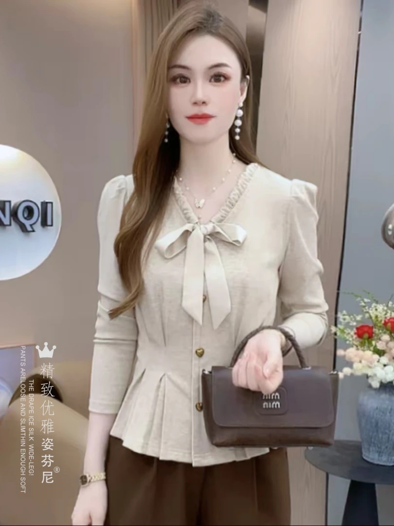 时尚休闲衬衫女士秋季新款洋气蝴蝶结系带长袖上衣收腰遮肚子小衫