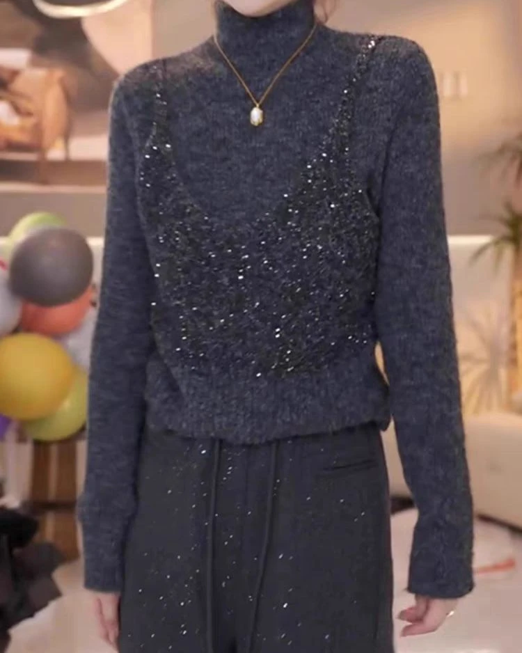 轻奢小众高领假两件时尚亮闪闪秋冬显瘦气质百搭针织上衣女C3089