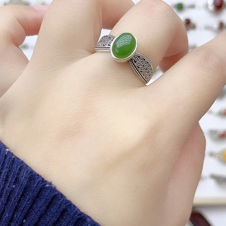 和田玉戒指银S925镶嵌天然