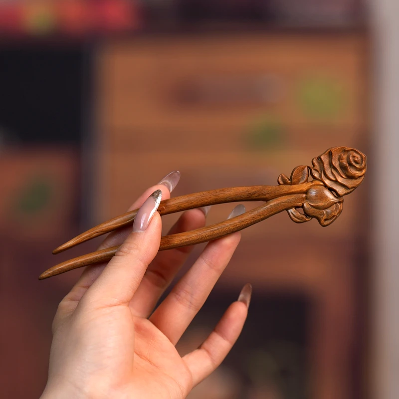 原创绿檀木玫瑰花簪子新中式高级感绿檀木花朵发簪古装发钗头饰女