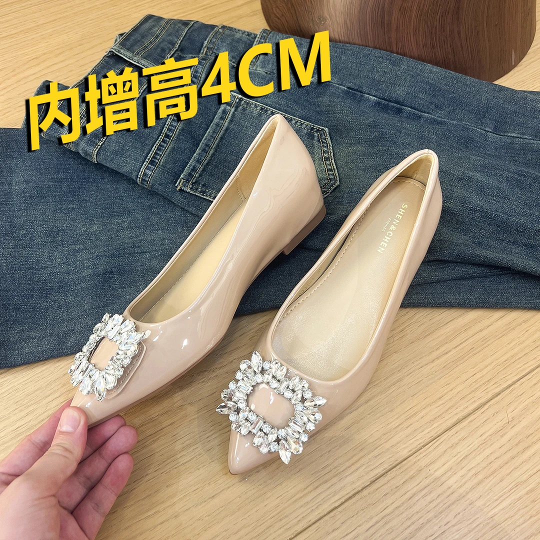 夏天通勤这么穿吧！春秋新款水钻百搭尖头单鞋配裙子内增高平底鞋