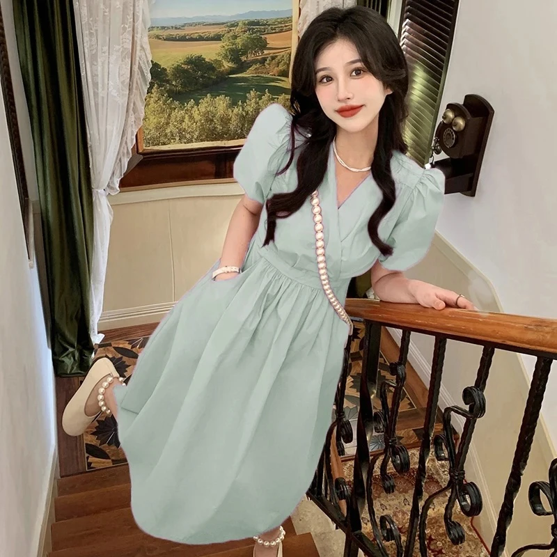 收腰A字树莓色连衣裙女风格奶乖裙小个子洋气裙子1495