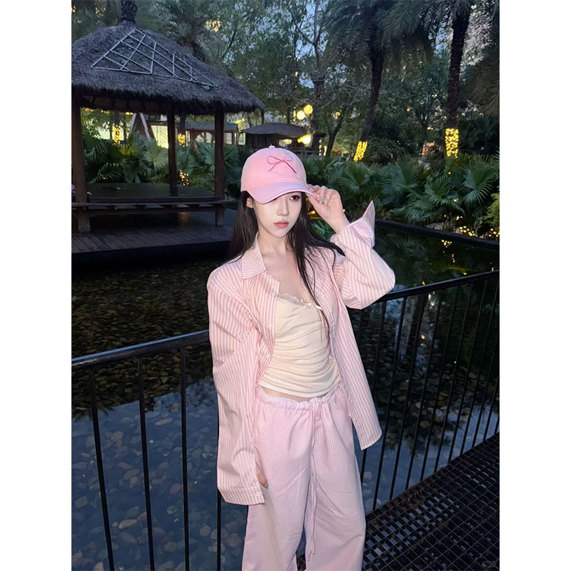 2025年夏季新款chic网红少女感条纹薄款衬衫内搭吊带配显瘦阔腿裤