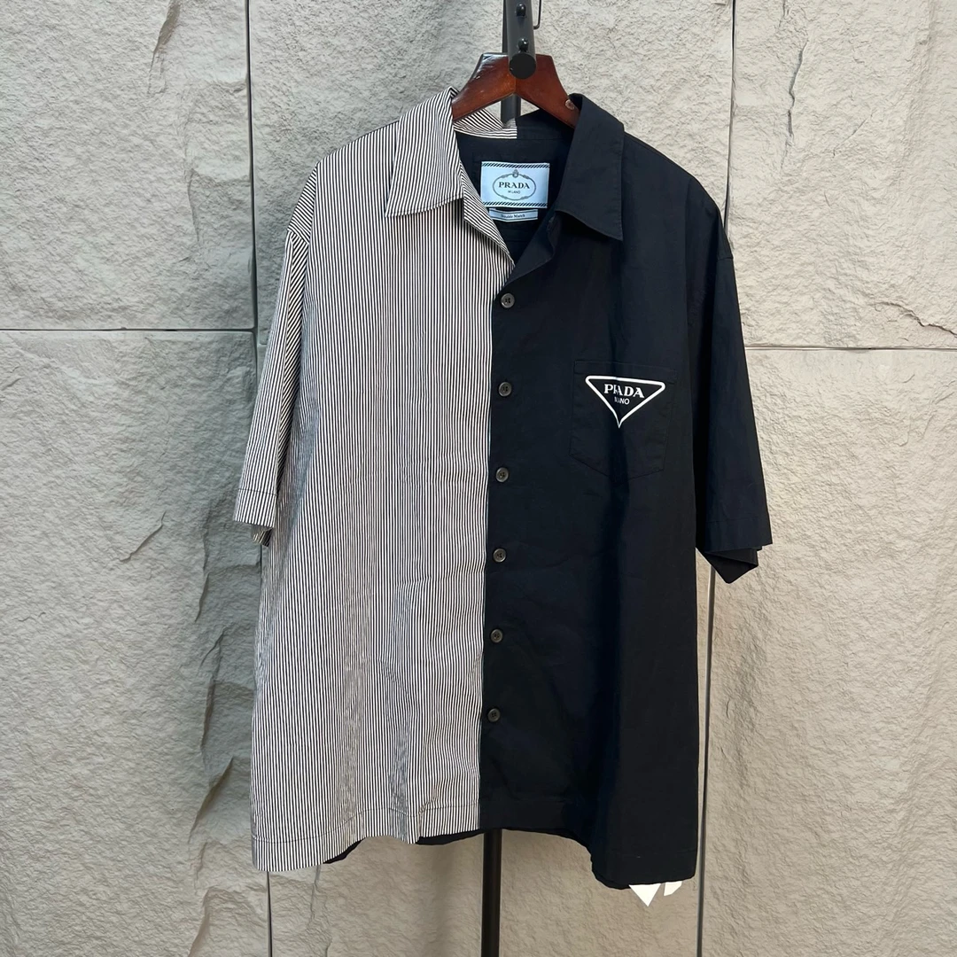 99新 Prada/普拉达 条纹拼接短袖衬衫 L码 ys000278