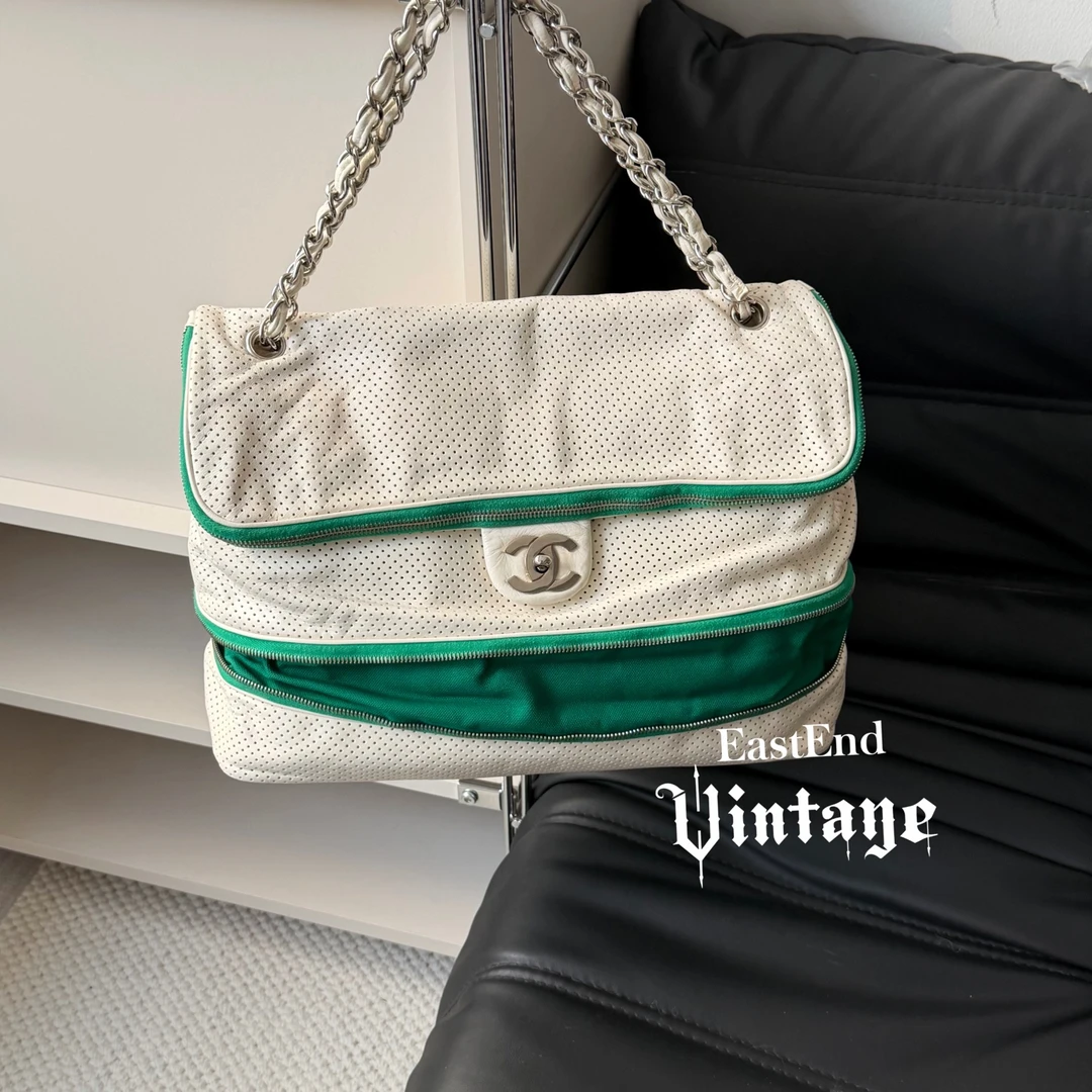 95新 Chanel/香奈儿 東区-白绿牛皮网面机场单肩包/98258