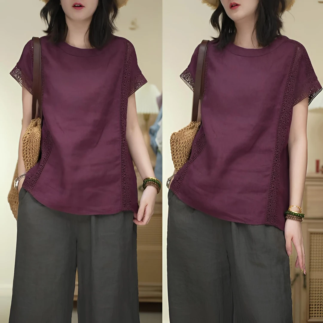 蕾丝拼接装饰圆领套头上衣洋气百搭休闲夏季新品气质成熟通勤T恤